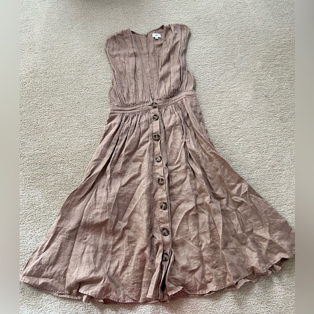 Shirred Button Up Linen Dress